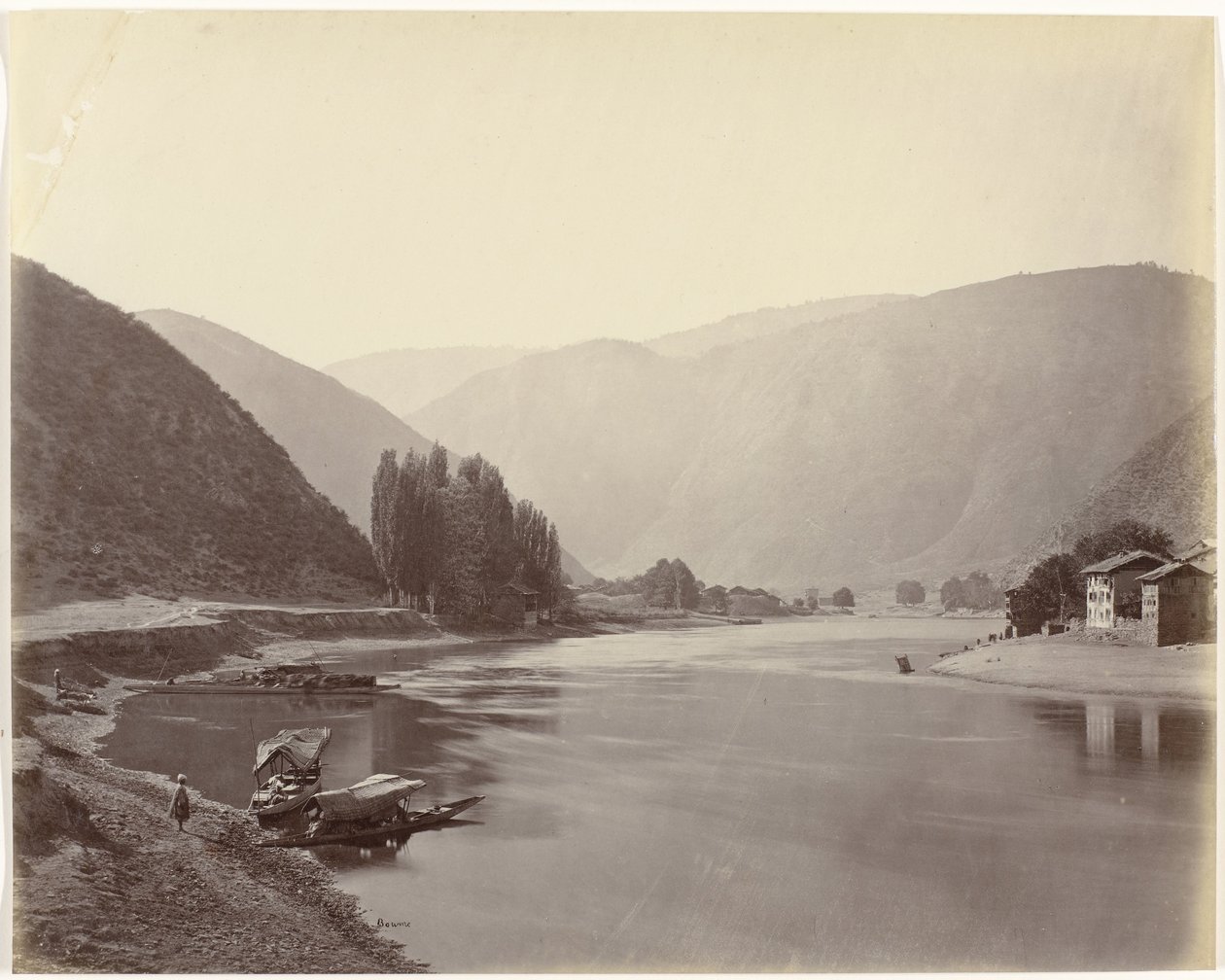 Rivierzicht nabij Baramulla, Indie Baramulla, widok w dół rzeki (tytuł oryginalny) autorstwa Samuel Bourne (signed by artist)