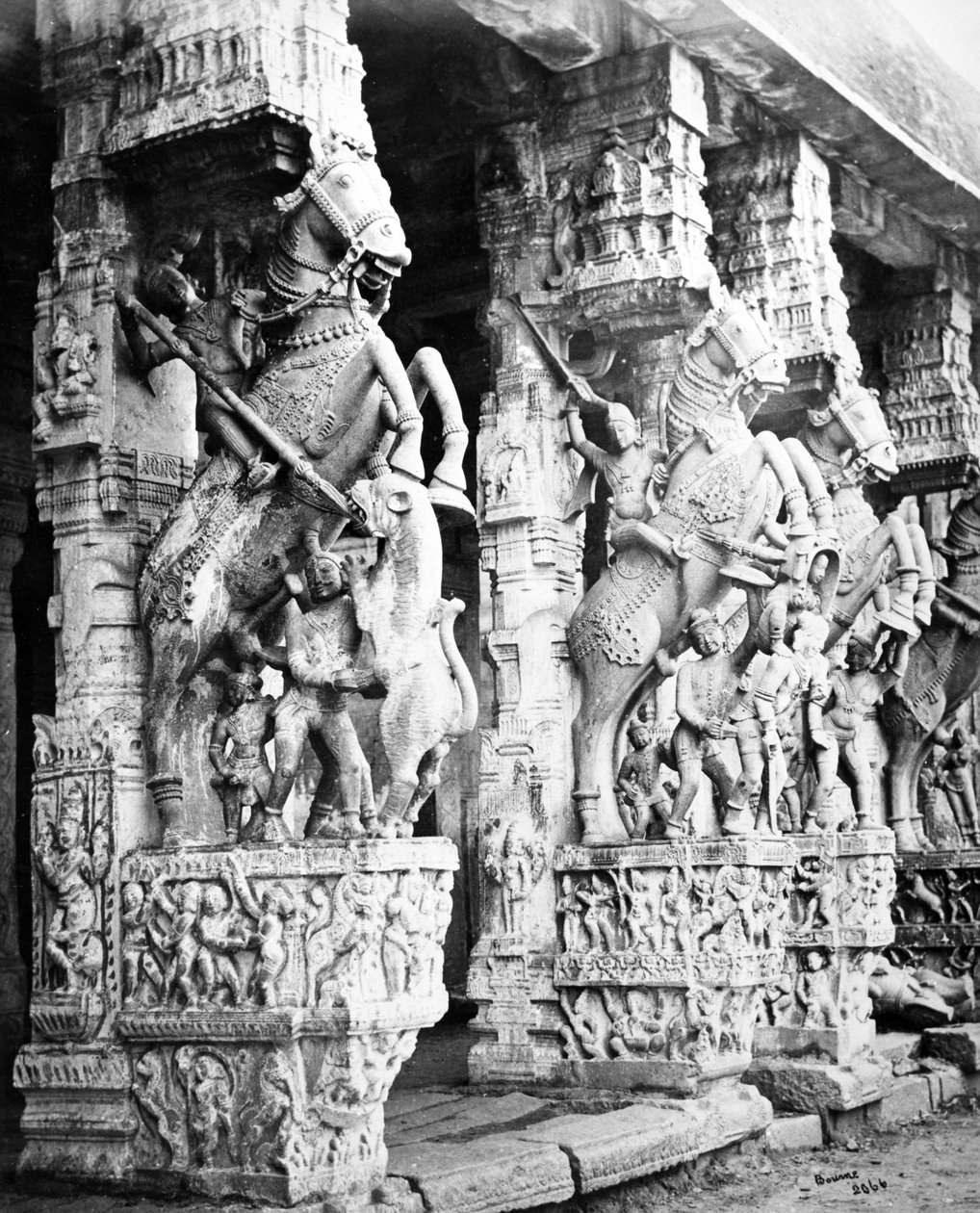 Rzeźbione filary końskie w świątyni Ranganatha, Srirangam, 1869 autorstwa Samuel Bourne