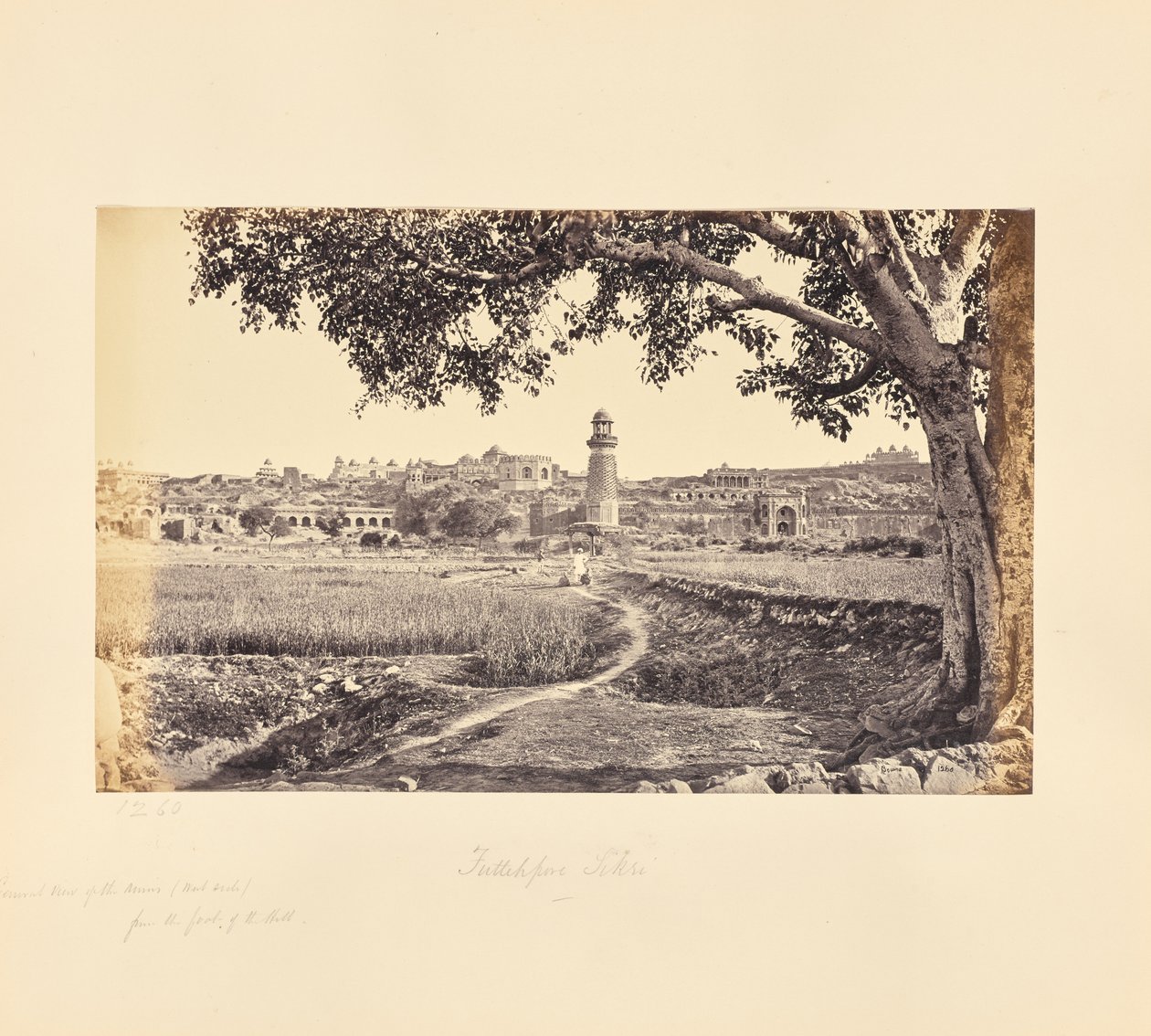 Fatehpur Sikri; widok ogólny ruin (strona zachodnia), od podnóża wzgórza autorstwa Samuel Bourne