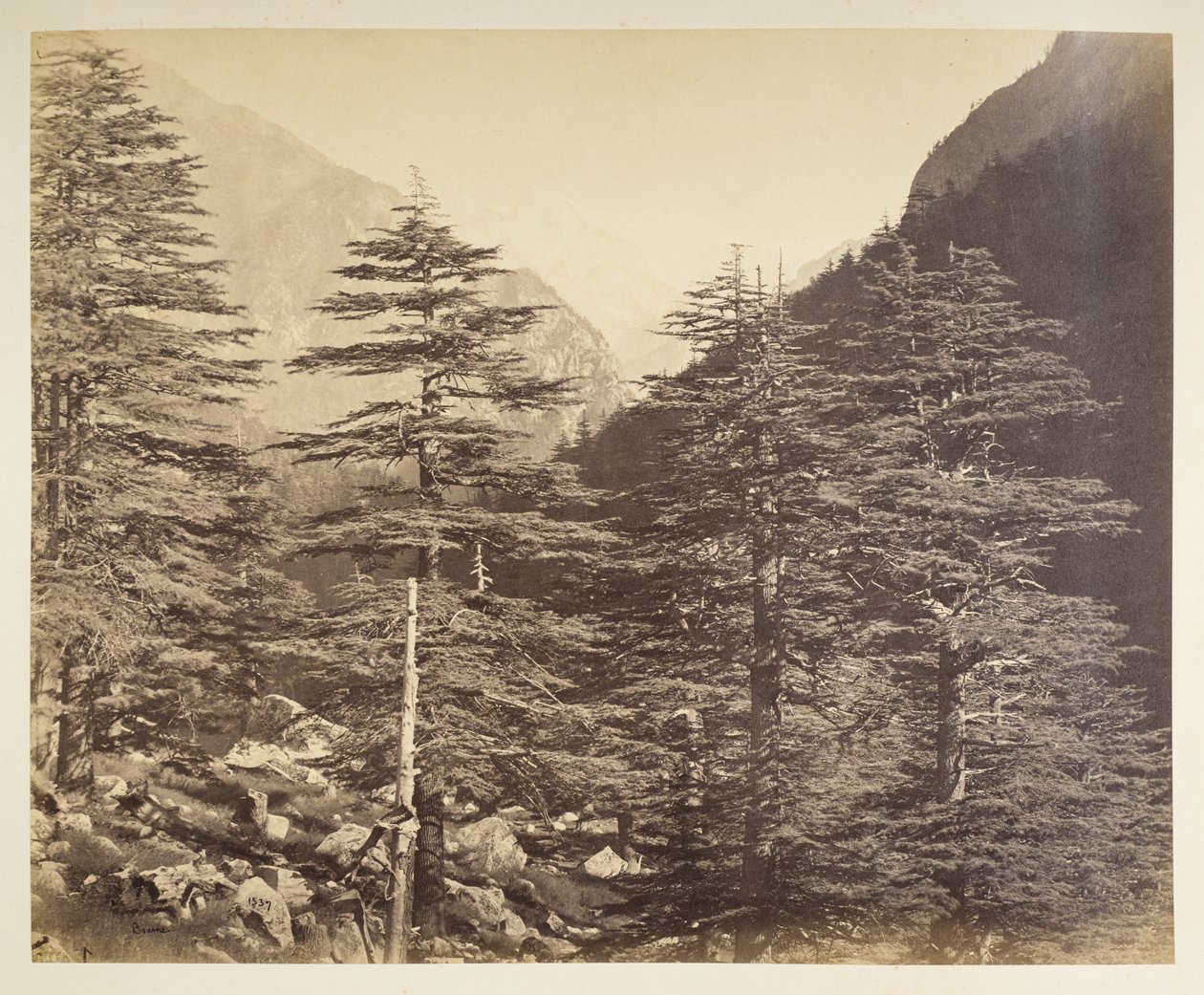 Ośnieżone szczyty w pobliżu Gangootri z Bhairamghati. Fotograf: Bourne, Samuel Album fotografii Indii, głównie Samuela Bourne
