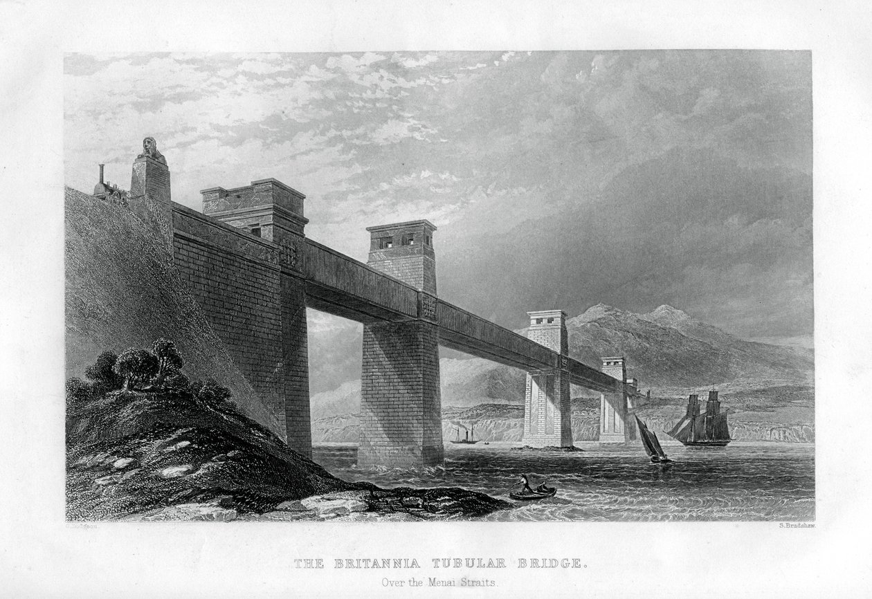 Most rurowy Britannia nad cieśniną Menai, Walia, 1886 r. autorstwa Samuel Bradshaw
