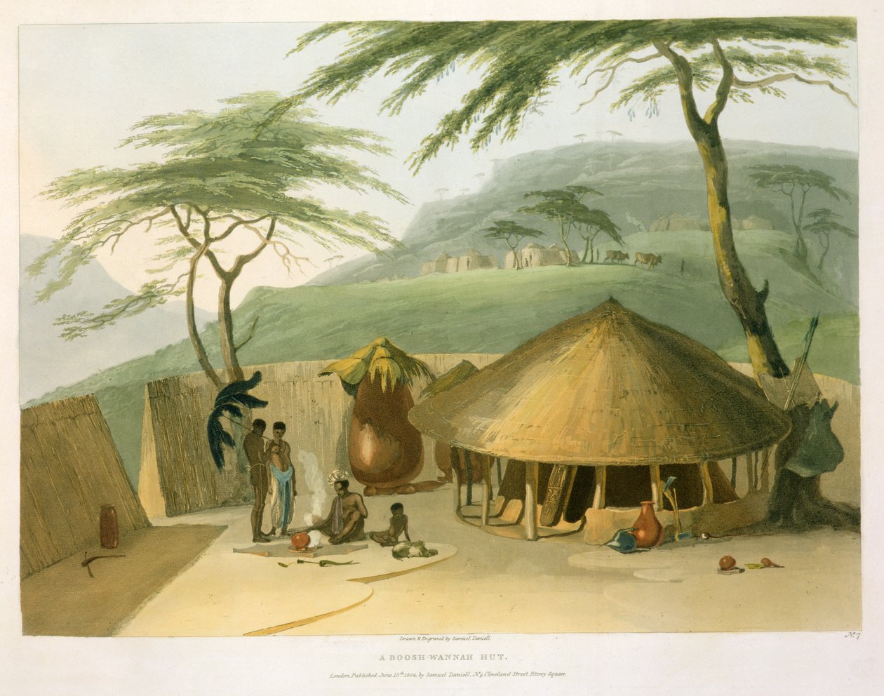 Chata Boosh-Wannah, tablica 7 z „Afrykańska sceneria i zwierzęta”, rytowana przez artystę, 1804 (akwatinta) autorstwa Samuel Daniell