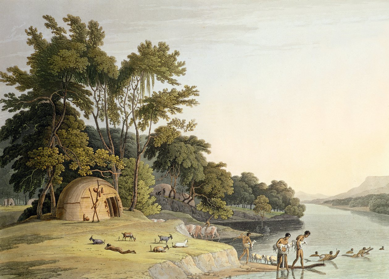 Wioska Korah Hottentot na lewym brzegu rzeki Orange, tablica 1 z „Afrykańska sceneria i zwierzęta”, rytowany przez artystę, 1804 (akwatinta) autorstwa Samuel Daniell