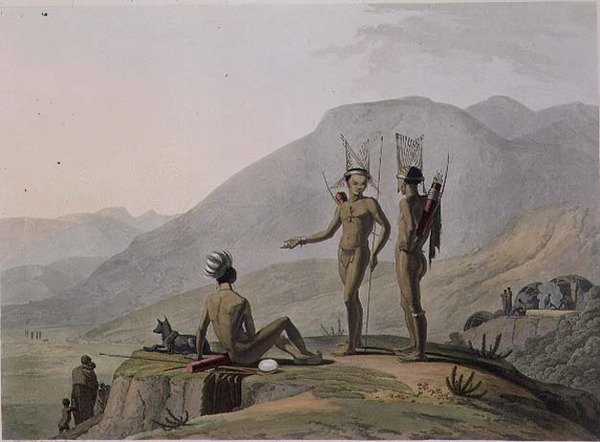 Bush-Men Hottentots Armed for an Expedition, płyta 2 z „Afrykańska sceneria i zwierzęta”, ryty przez artystę autorstwa Samuel Daniell
