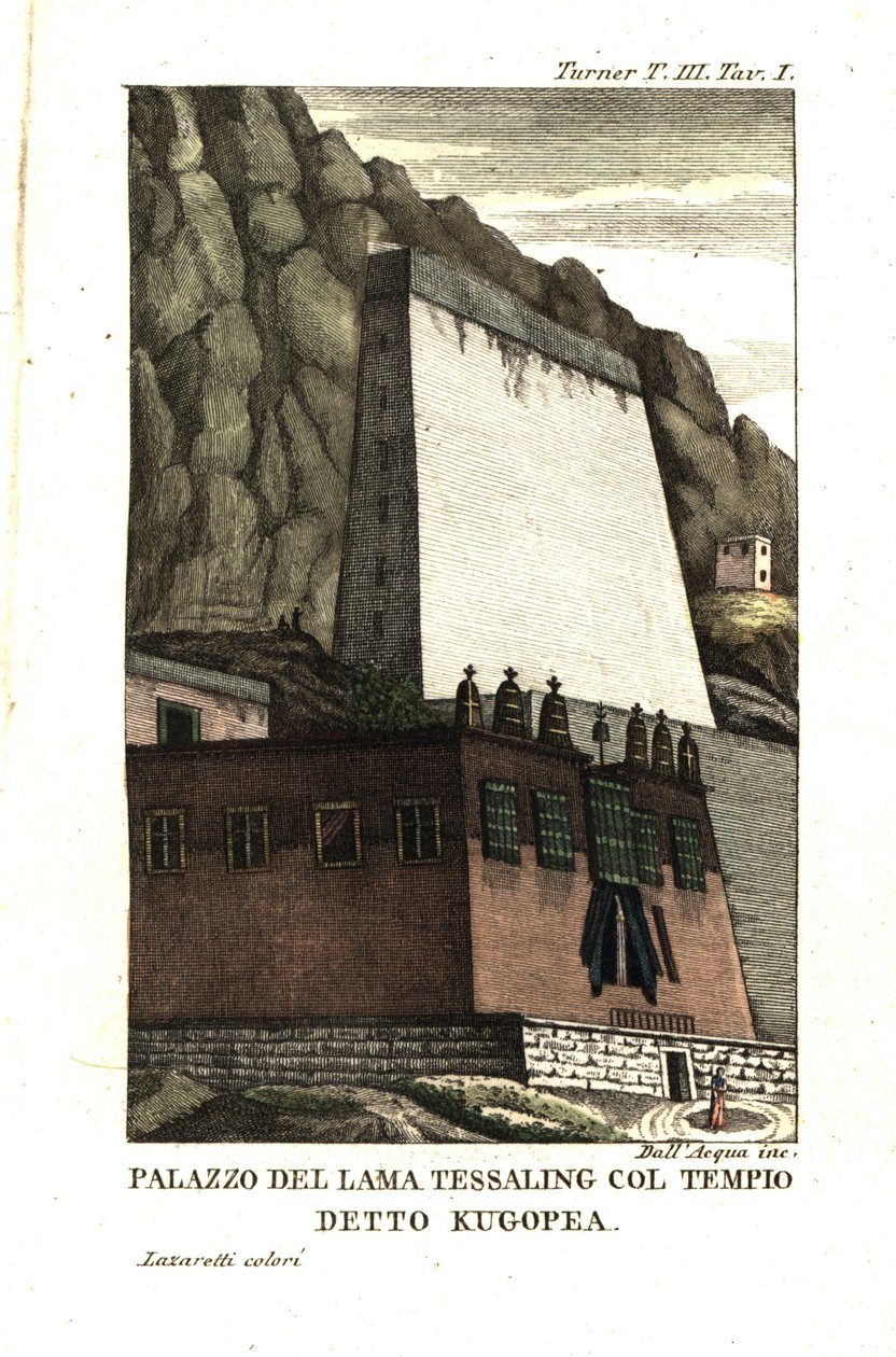 Mieszkanie Tessaling Lamy z budowlą religijną zwaną Kugopea. Ilustracja autorstwa porucznika Samuela Davisa Od kapitana Samuela Turnera (1759-1802) Relacja z ambasady przy dworze lamy Teshoo w Tybecie z 1800 r. Miedzioryt autorstwa Dell
