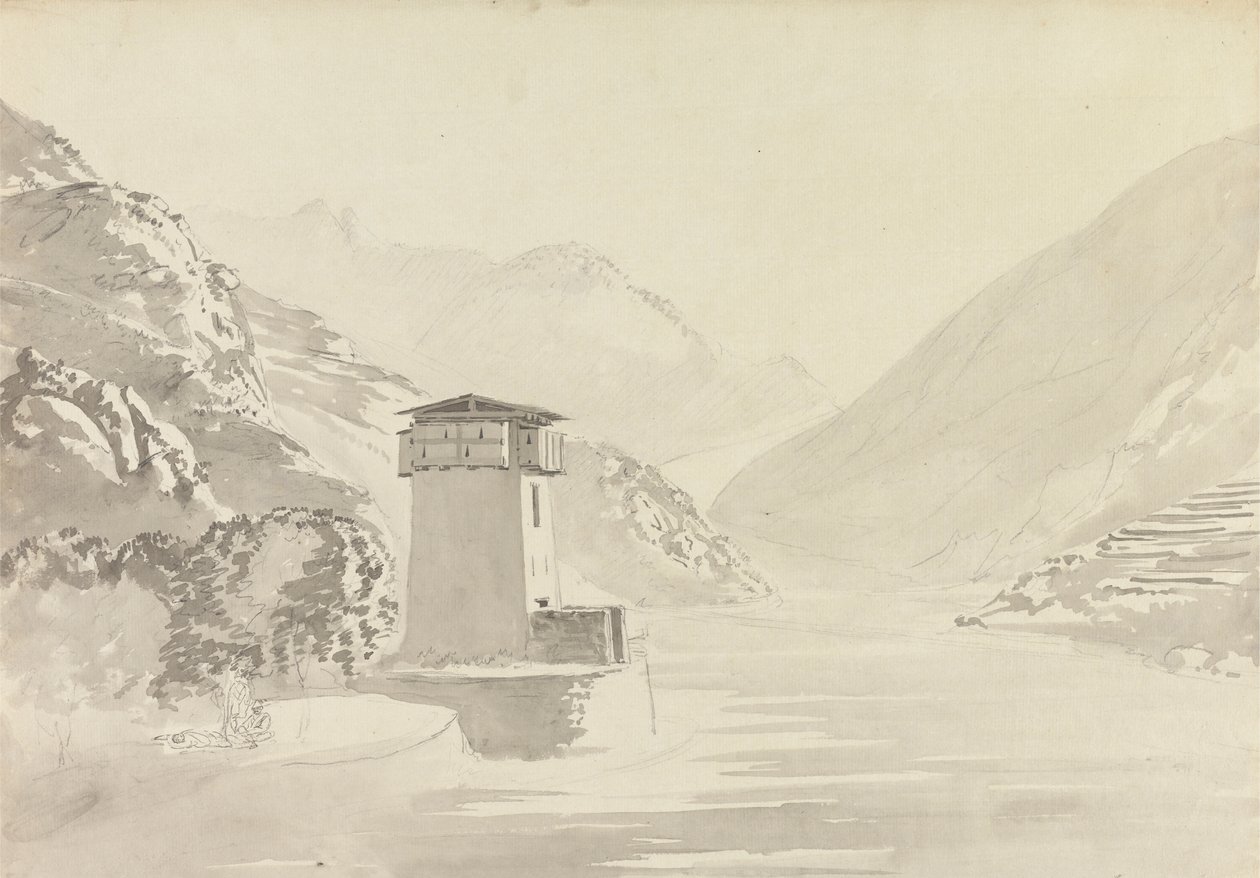 Widok z mostu w Wandpore [Wangdu Phodrang] autorstwa Samuel Davis