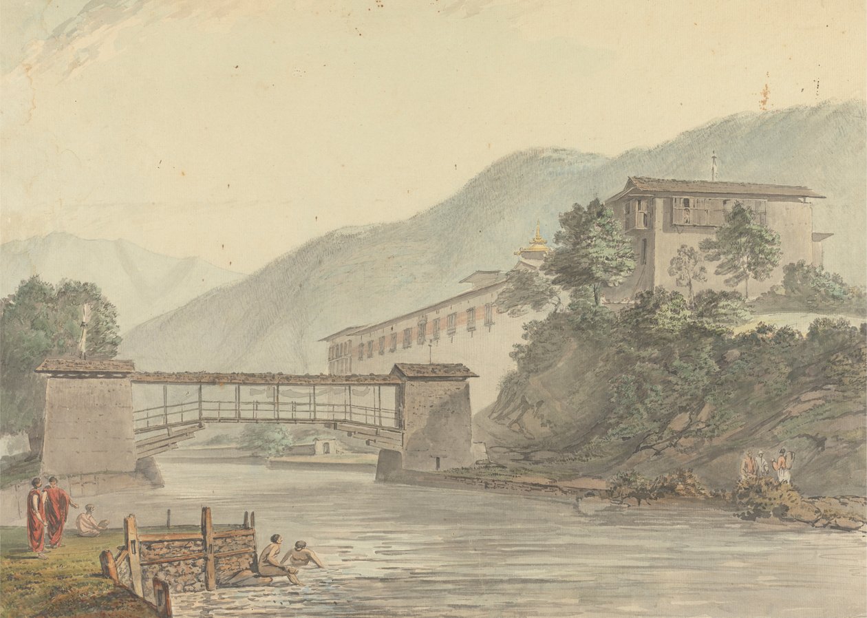 Widok na Tashichoedzong, Bhutan i Foot Bridge autorstwa Samuel Davis