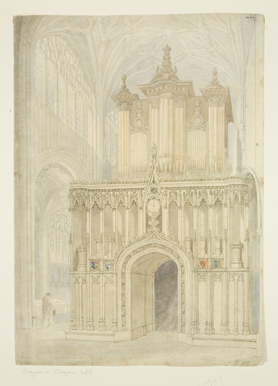 Organy i Organ Loft kościoła St Mary Redcliffe, ok. 1840 (ołówek i akwarela na papierze) autorstwa Samuel Griffiths Tovey