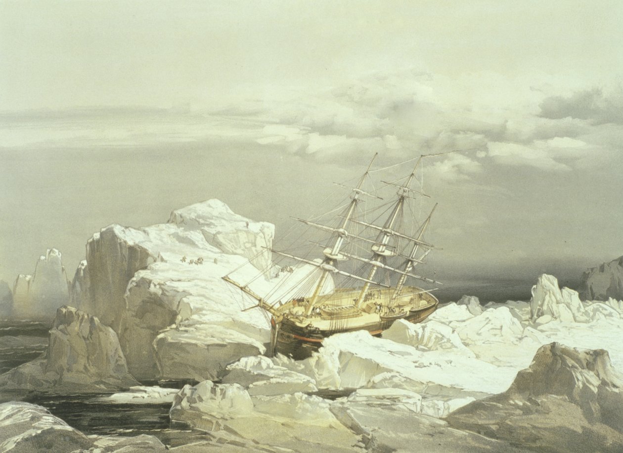 Krytyczna pozycja H.M.S. Badacz na północnym wybrzeżu wyspy Baring, 20 sierpnia 1851, grawerowane przez Williama Simpsona, opublikowane przez Ackermann und Co., 1854 autorstwa Samuel Gurney Cresswell