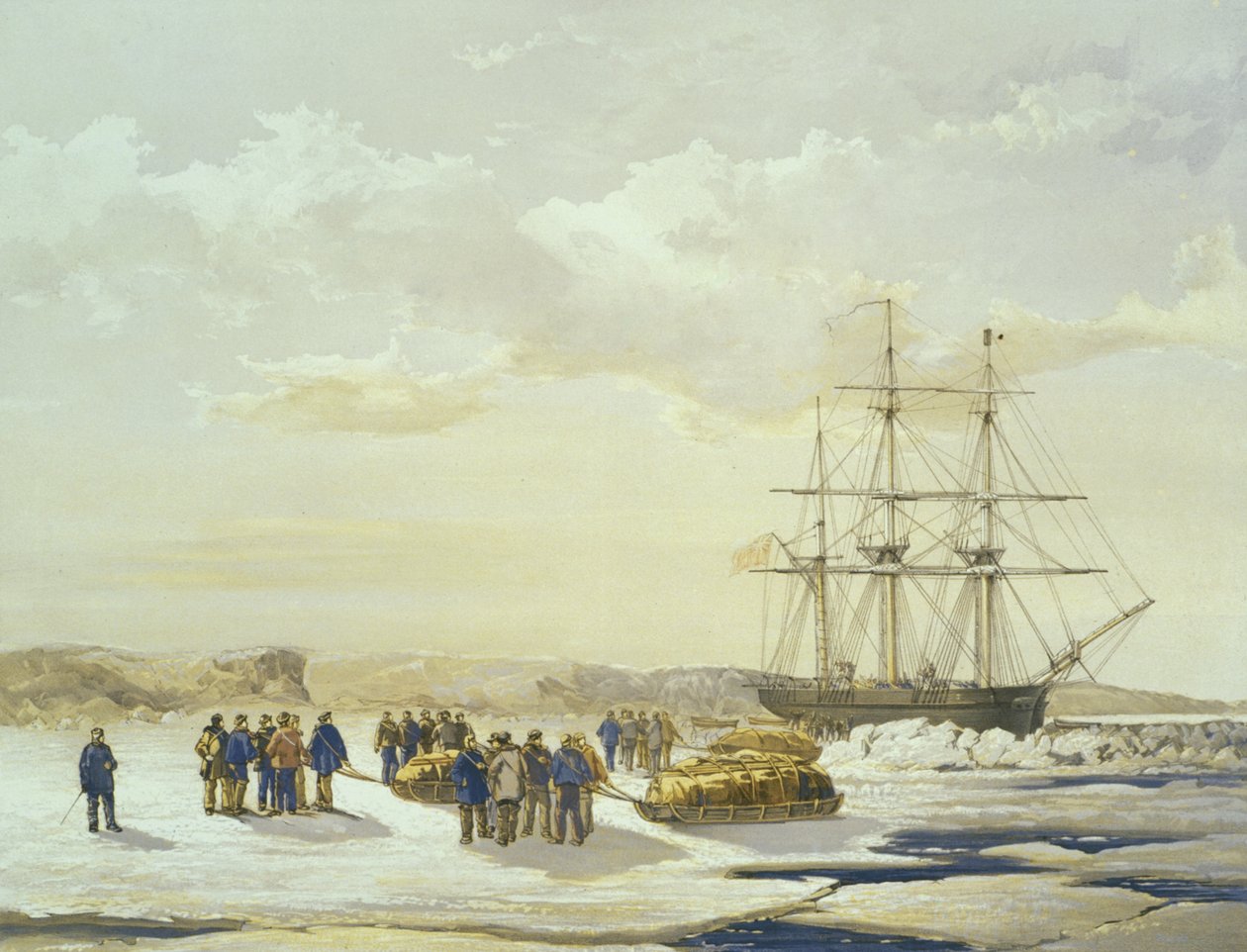 Impreza saneczkowa opuszczająca H.M.S. Investigator in Mercy Bay, 15 kwietnia 1853, rycina E. Walker, wyd. Ackermann und Co., 1854 autorstwa Samuel Gurney Cresswell