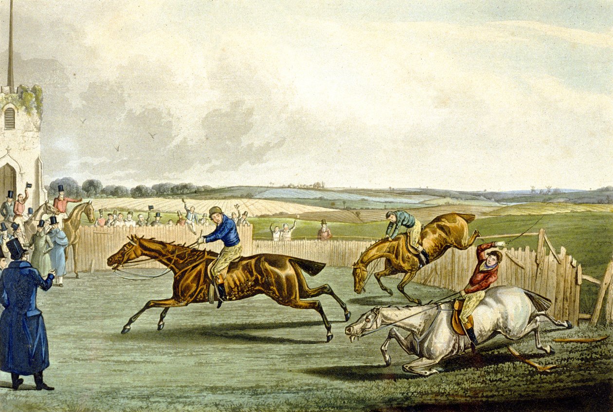 Forth Mile, z Steeplechasing, grawerowane przez Charlesa Hunta (1829-1900) (kolor lito) autorstwa Samuel Henry (after) Alken