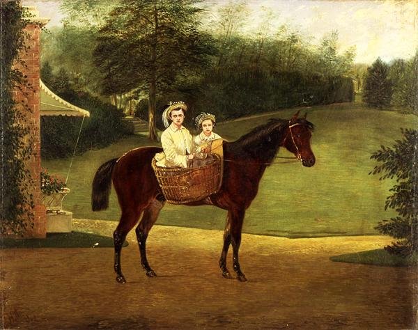 Portret dwóch dziewczyn w sakwie na kucyku (olej na panelu) autorstwa Samuel Henry Alken