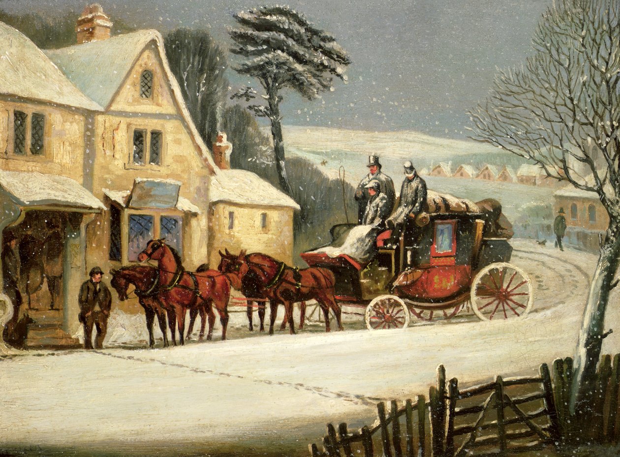 Zimowa scena z Royal Mail zatrzymana w gospodzie (olej na panelu) autorstwa Samuel Henry Alken