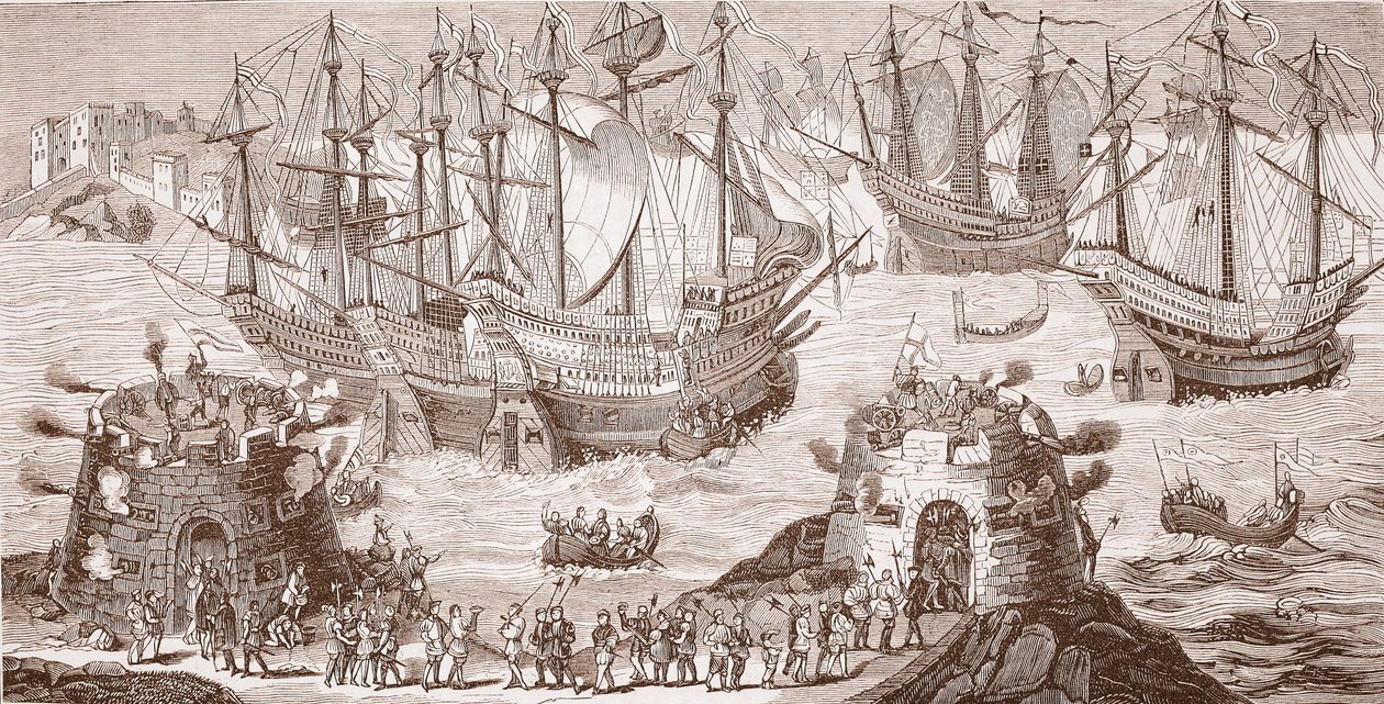 Henryk VIII wsiadający do Dover, z dużego druku opublikowanego przez Królewskie Towarzystwo Starożytności autorstwa Samuel Hieronymous Grimm