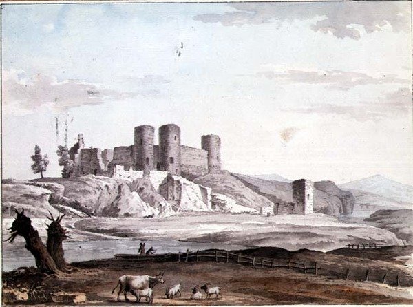 Zamek Rhuddlan z mostu autorstwa Samuel Hieronymous Grimm