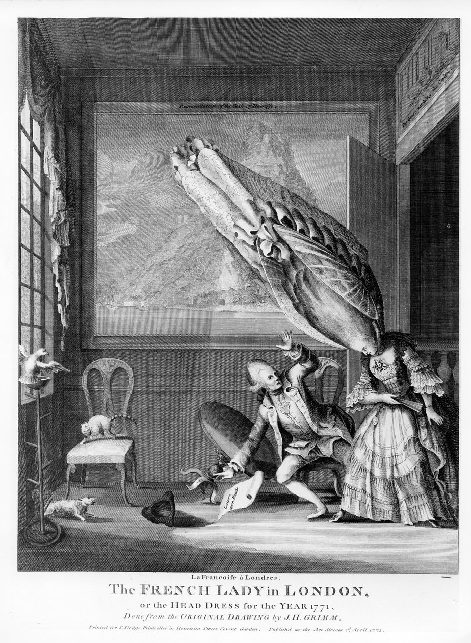 Francuska dama w Londynie lub The Head Dress of the Year 1771, wydrukowana dla S. Sledge, 1771 autorstwa Samuel Hieronymous Grimm