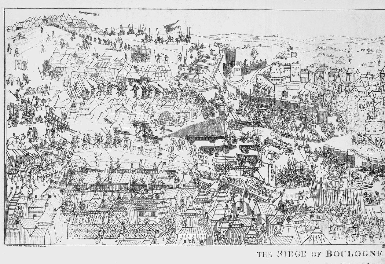 Oblężenie Boulogne przez króla Henryka VIII (1491-1547) w 1544, grawerowane przez Jamesa Basire, 1788 (patrz także 106603) autorstwa Samuel Hieronymous Grimm