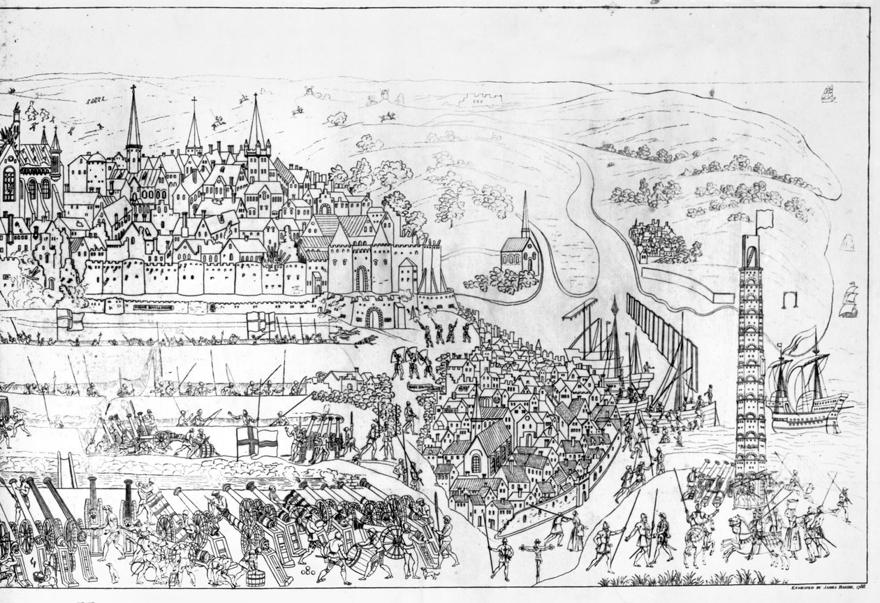 Oblężenie Boulogne przez króla Henryka VIII (1491-1547) w 1544 r., rycina Jamesa Basire