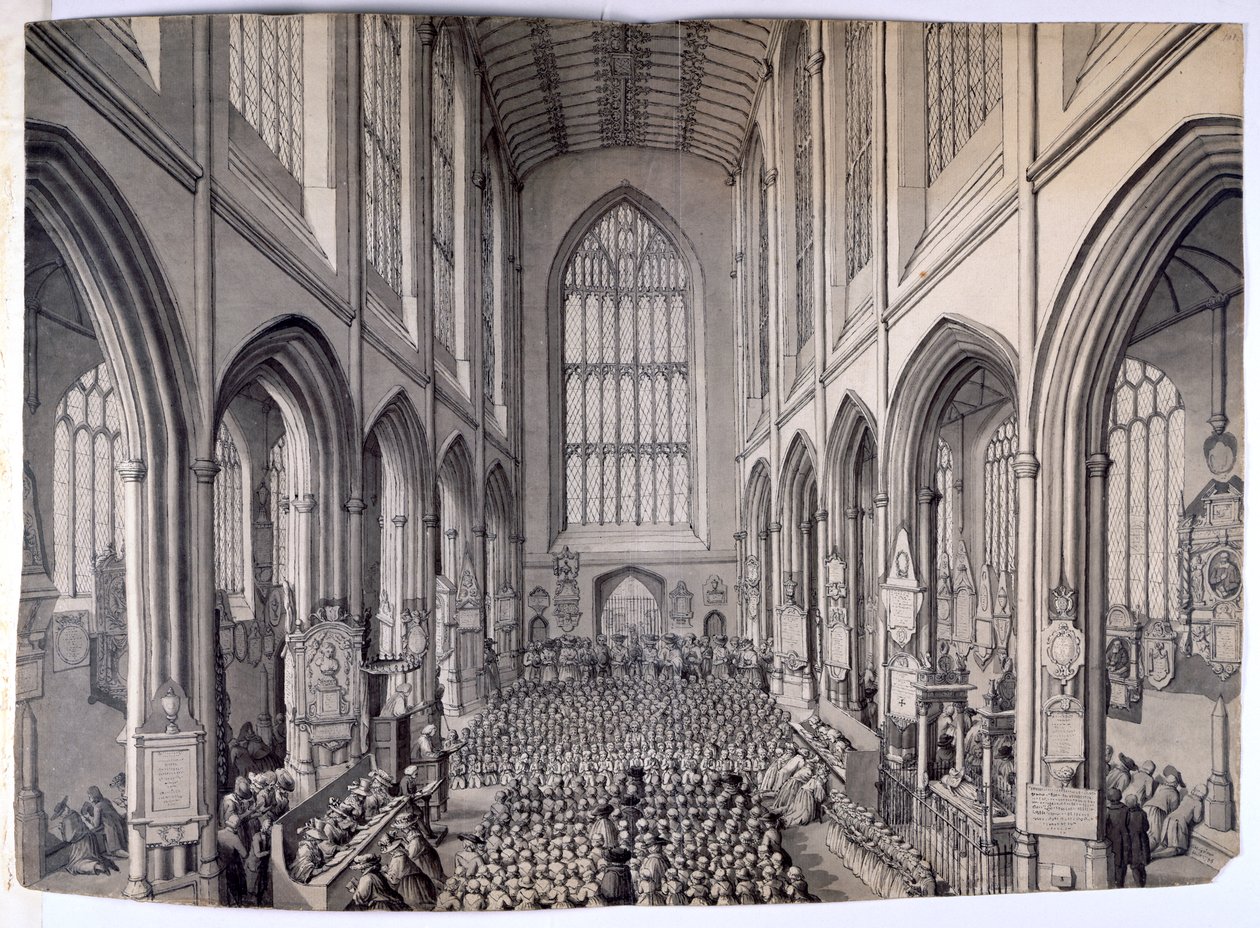 Vista, da extremidade leste, do interior da Abadia de Bath, com polimento congregacional autorstwa Samuel Hieronymous Grimm