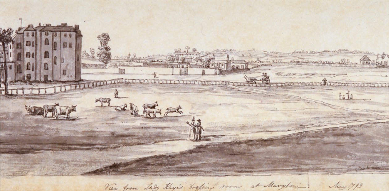 „Widok z garderoby Lady Kaye w Marylebone”, 1793 autorstwa Samuel Hieronymus Grimm