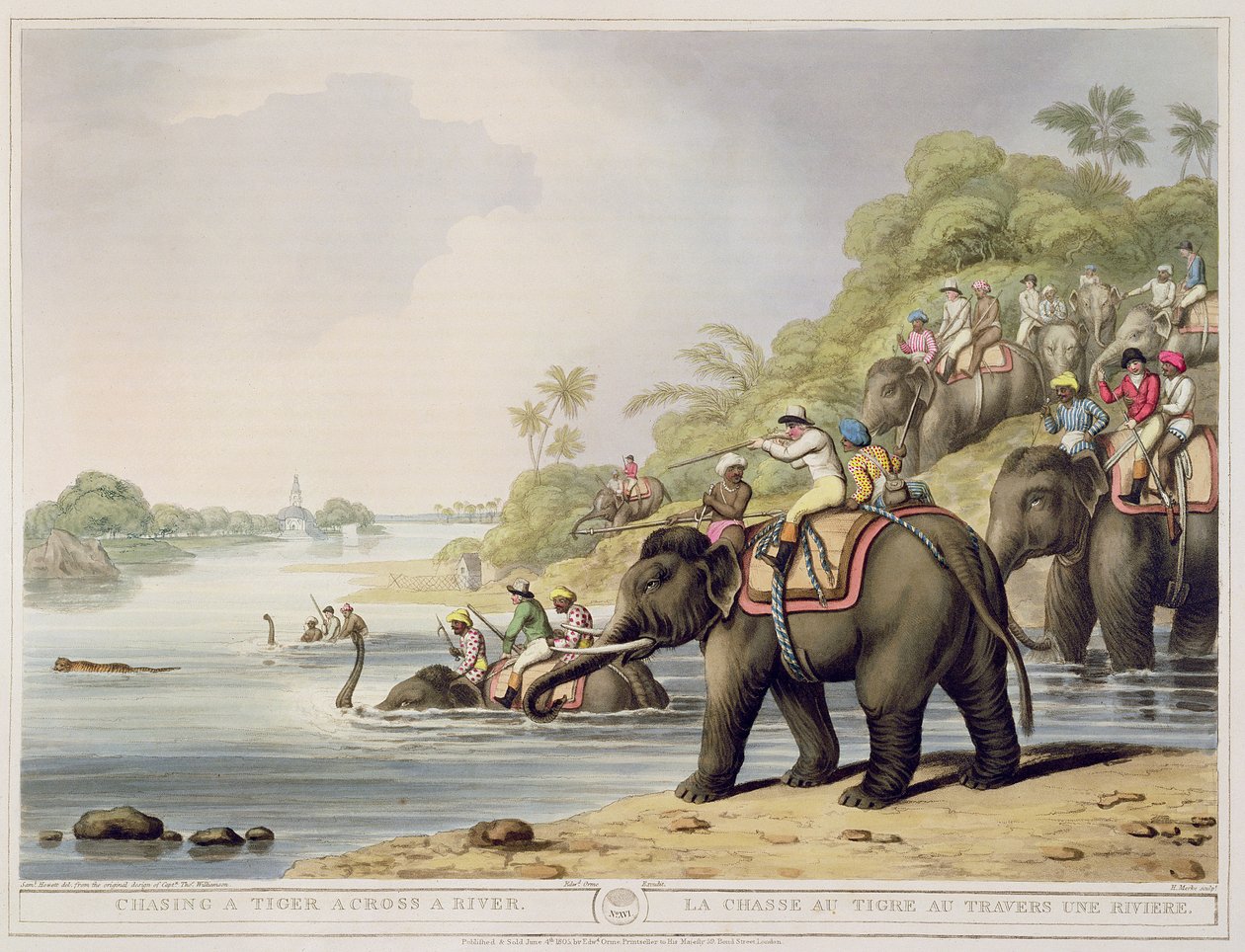 Pogoń za tygrysem przez rzekę, z Oriental Field Sports, wyd. Edward Orme, 1807 (odbitka) autorstwa Samuel Howett
