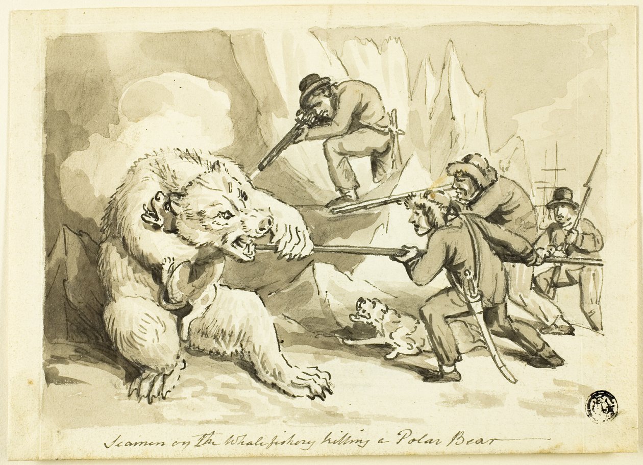 Marynarze na łowisku wielorybów zabijają niedźwiedzia polarnego (recto); Powłoka (verso) autorstwa Samuel Howett