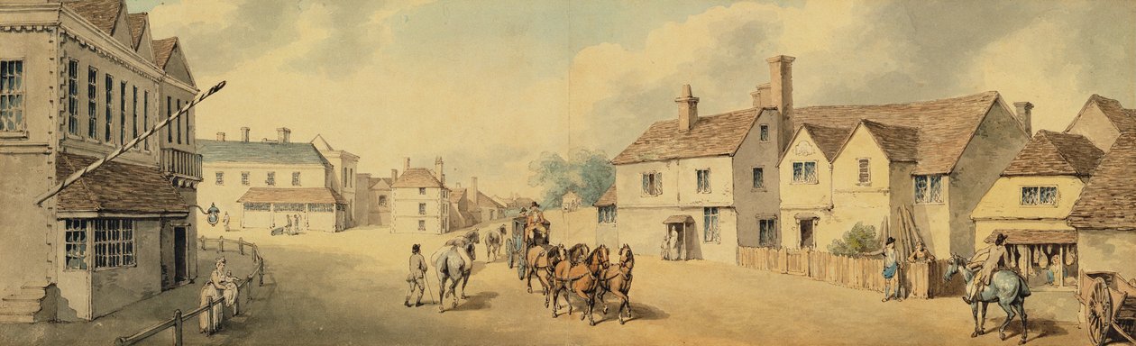 Trener i czwórka przejeżdżające przez Chippenham, Wiltshire (pióro i atrament i toaleta na papierze) autorstwa Samuel Howitt