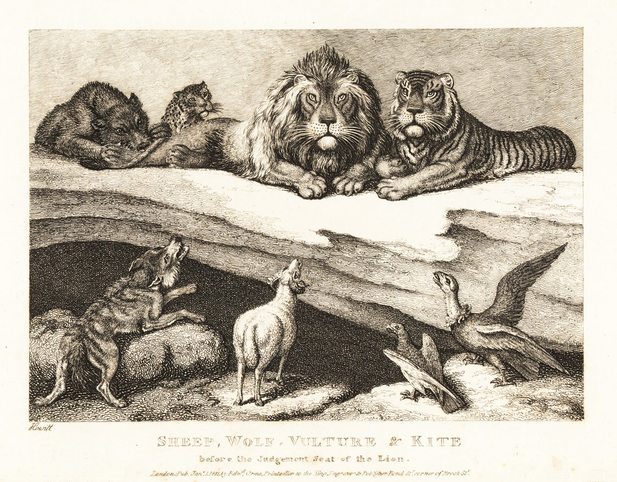 Sprawa sądowa między zwierzętami, z lwem i tygrysem jako sędziami. 1811 (akwaforta) autorstwa Samuel Howitt