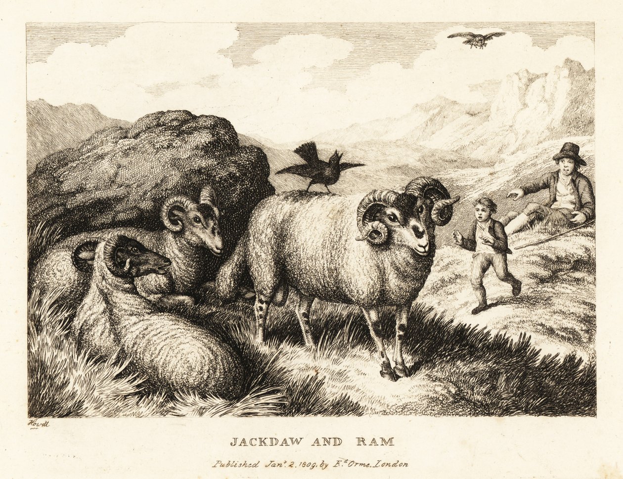 Kawka śpiewa na grzbiecie barana. 1811 (akwaforta) autorstwa Samuel Howitt