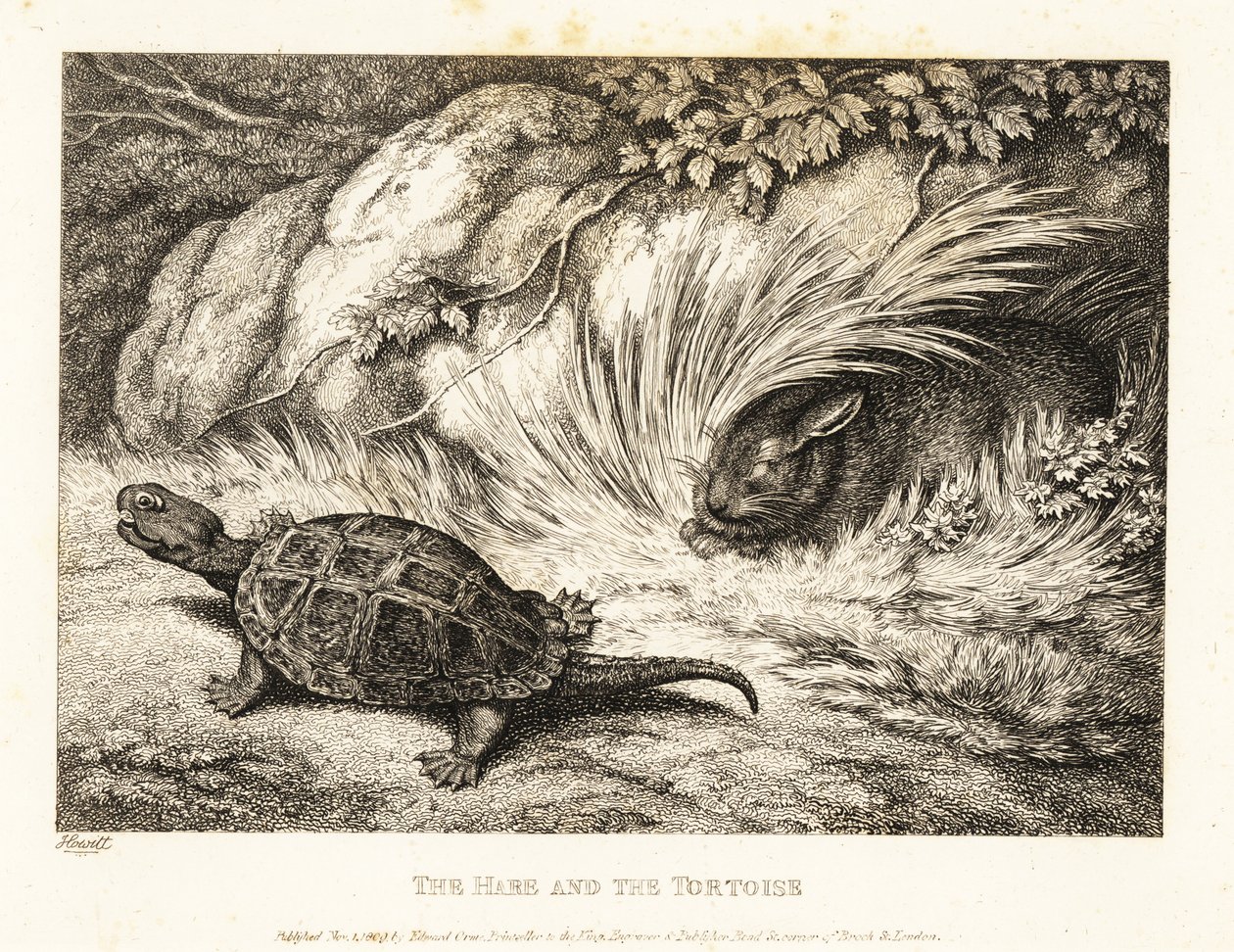 Żółw wyprzedza w wyścigu śpiącego zająca. 1811 (akwaforta) autorstwa Samuel Howitt