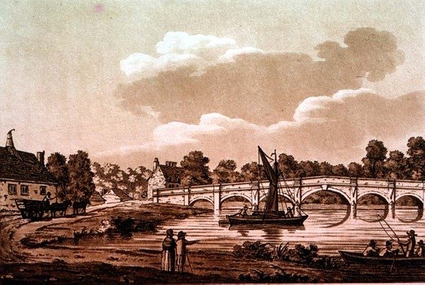 Chertsey Bridge, ilustracja z „Malowniczych widoków na Tamizę”, wyd. 1799 (akwaforta, akwatinta) autorstwa Samuel Ireland
