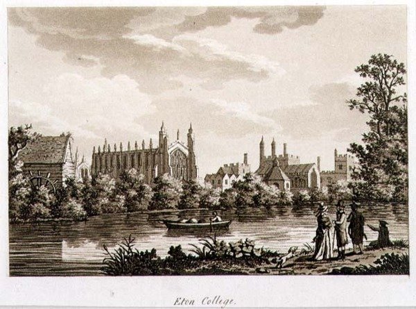 Eton College, ilustracja z „Malowniczych widoków na Tamizę”, wyd. 1799 (akwaforta, akwatinta) autorstwa Samuel Ireland