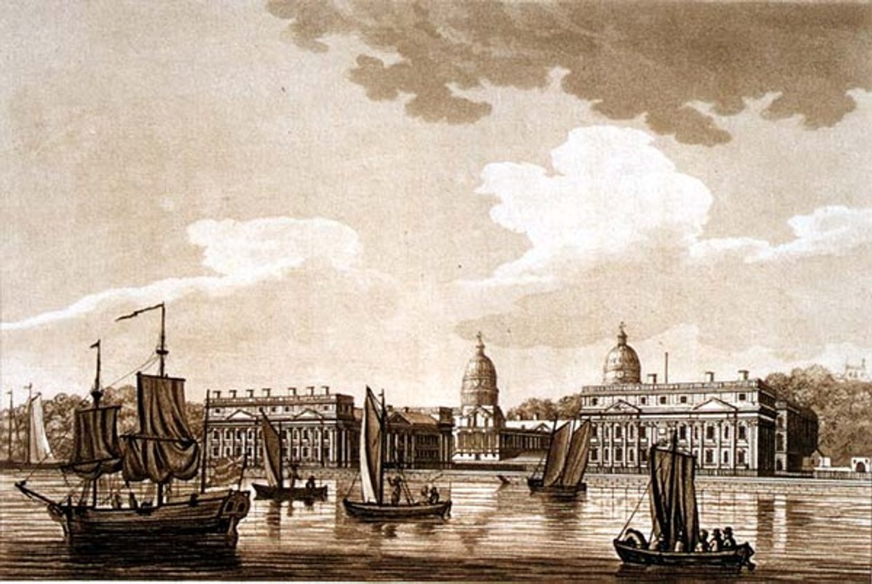 Szpital Greenwich, ilustracja z „Malowniczych widoków na Tamizę”, wyd. 1799 (akwaforta, akwatinta) autorstwa Samuel Ireland