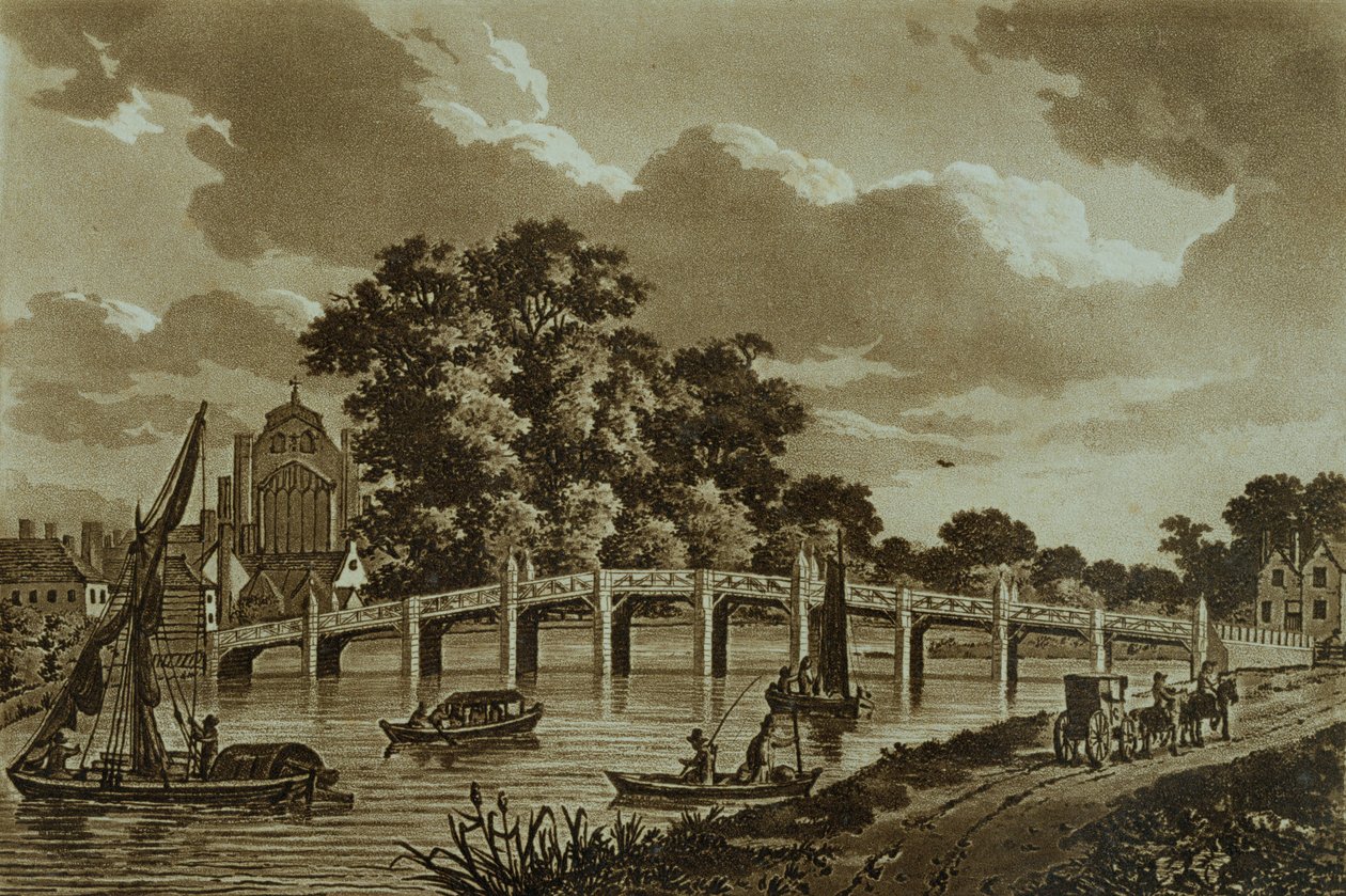 Hampton Court Bridge, ilustracja z „Malowniczych widoków na Tamizę”, wyd. 1799 (akwaforta, akwatinta) autorstwa Samuel Ireland