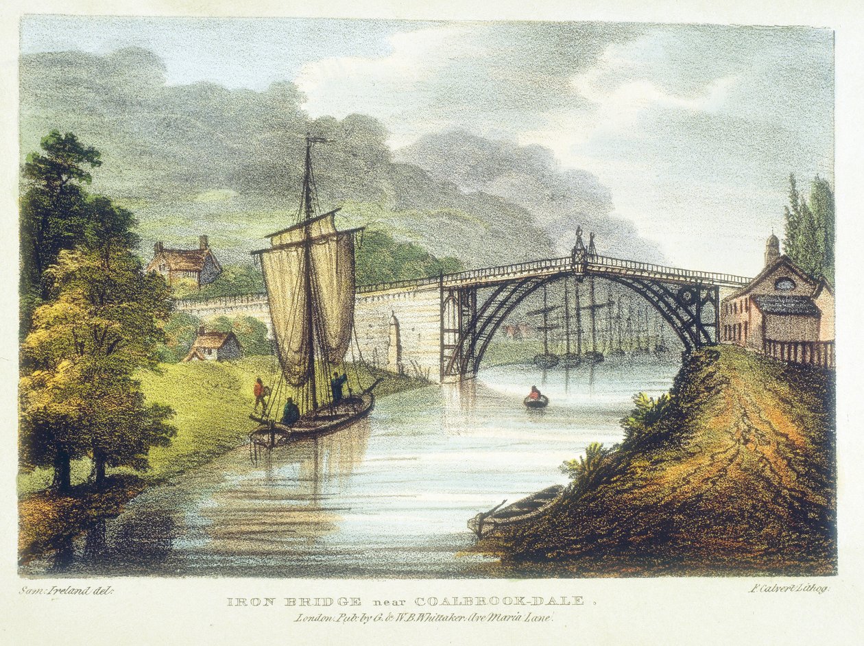 Żelazny most przez Severn w Ironbridge, Coalbrookdale, Anglia, zbudowany 1779 1795 autorstwa Samuel Ireland