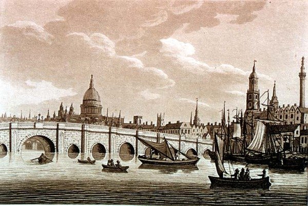 London Bridge, ilustracja z „Malowniczych widoków na Tamizę”, wyd. 1799 (akwaforta, akwatinta) autorstwa Samuel Ireland