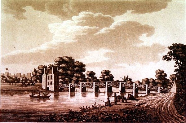 Południowo-wschodni widok na most Datchet, ilustracja z „Malowniczych widoków na Tamizę”, wyd. 1799 (akwaforta, akwatinta) autorstwa Samuel Ireland
