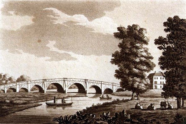 Walton Bridge, Surrey, ilustracja z „Malowniczych widoków na Tamizę”, wyd. 1799 (akwaforta, akwatinta) autorstwa Samuel Ireland