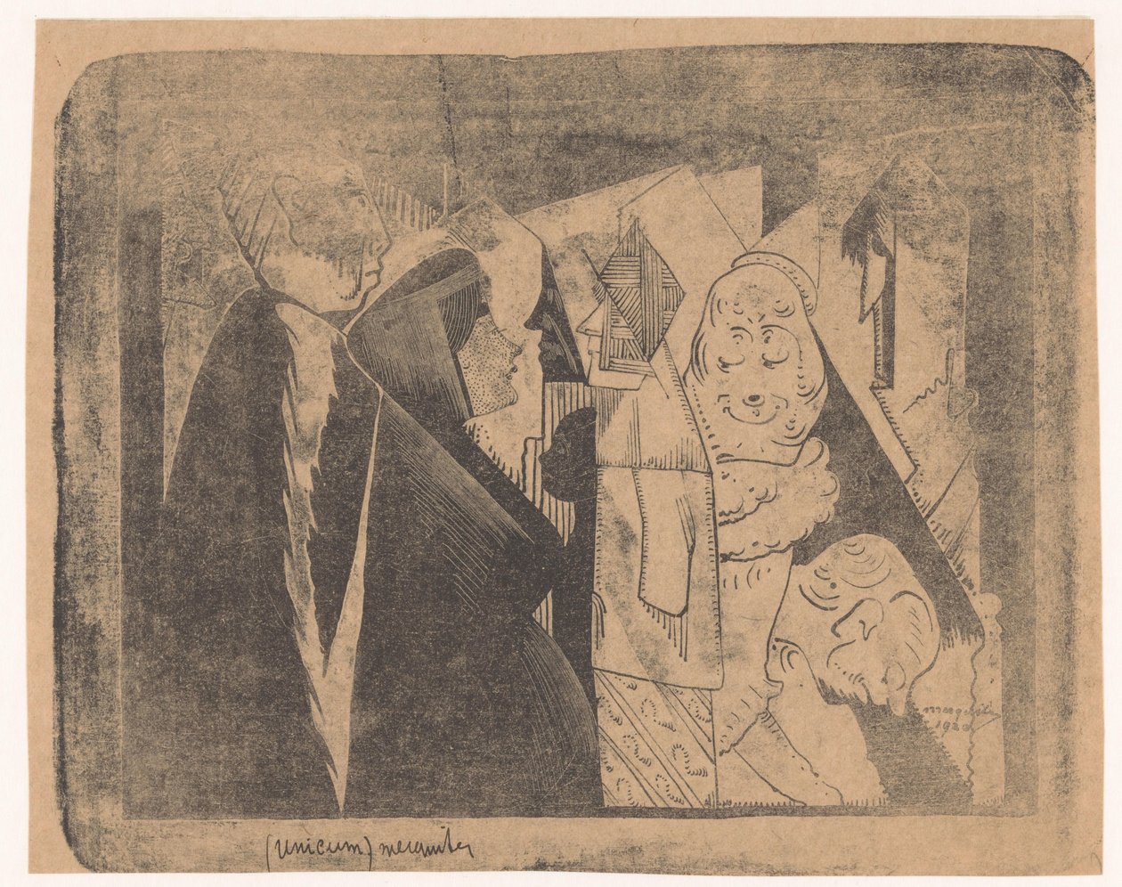 Fantazja: różne postacie, druga od lewej kobieta z nakrapianą twarzą z profilu po prawej autorstwa Samuel Jessurun de Mesquita (signed by artist)