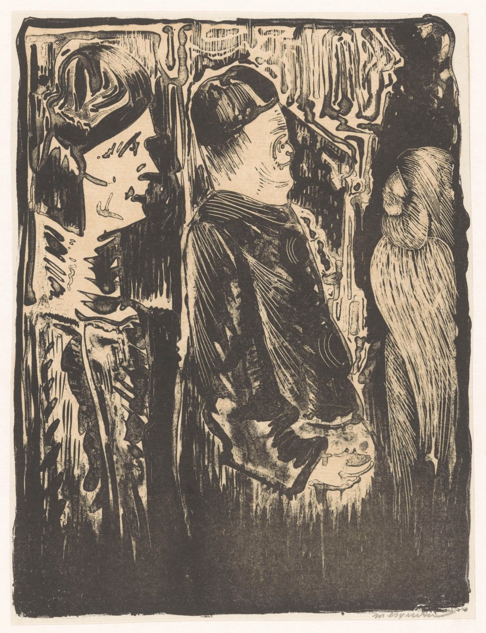Fantazja: po lewej dwie postacie w kapeluszach po prawej stronie, po prawej zarysowany wygląd z upierzeniem autorstwa Samuel Jessurun de Mesquita (signed by artist)