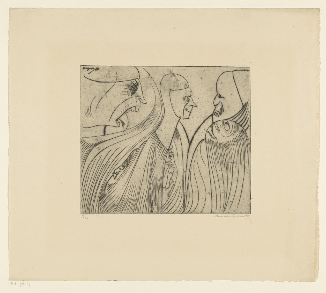 Grupa postaci i twarz z wystawionym językiem autorstwa Samuel Jessurun de Mesquita (signed by artist)