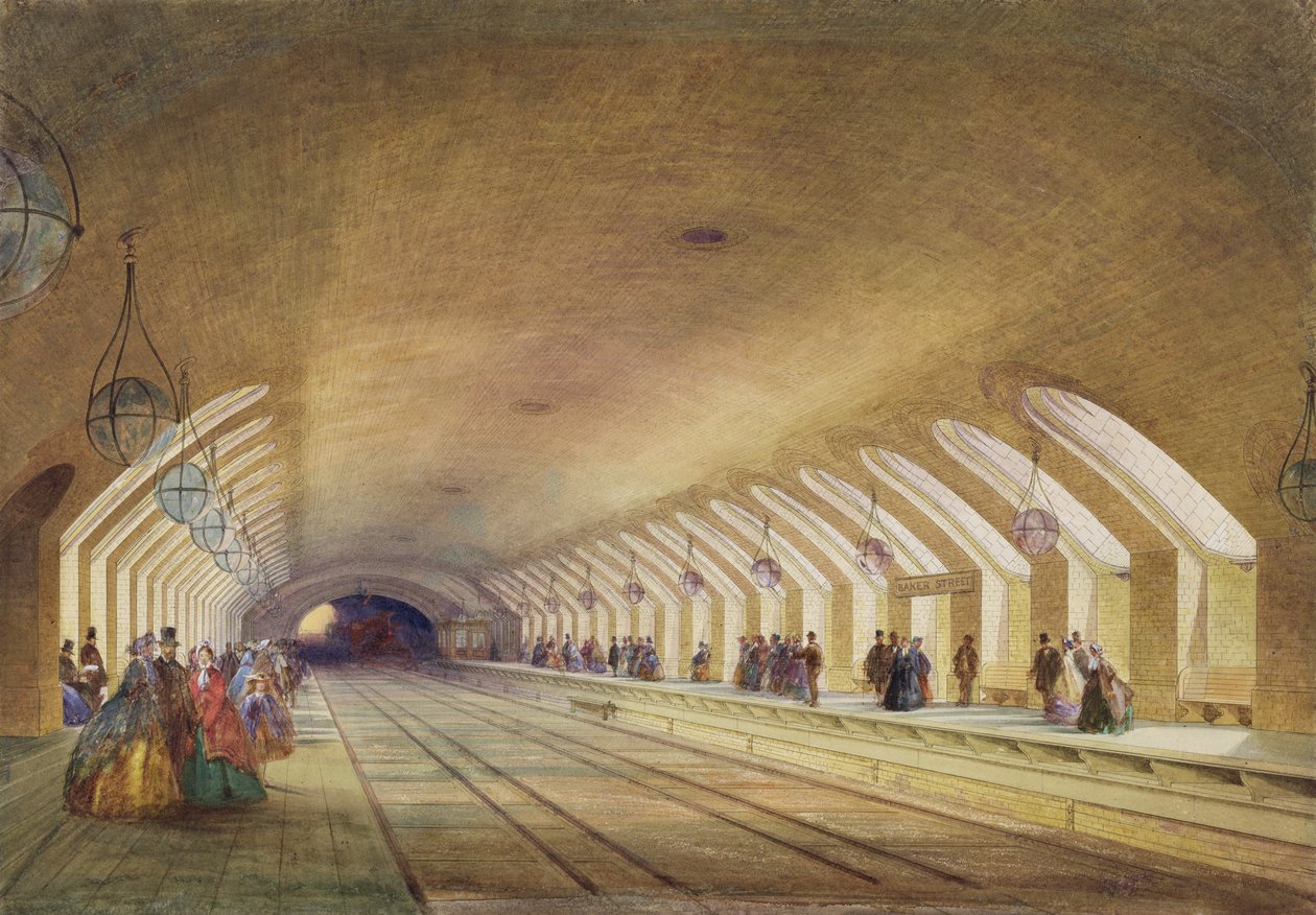 Baker Street Station, 1863 (toaleta i kolor nadwozia z piórem i atramentem na papierze) autorstwa Samuel John Hodson
