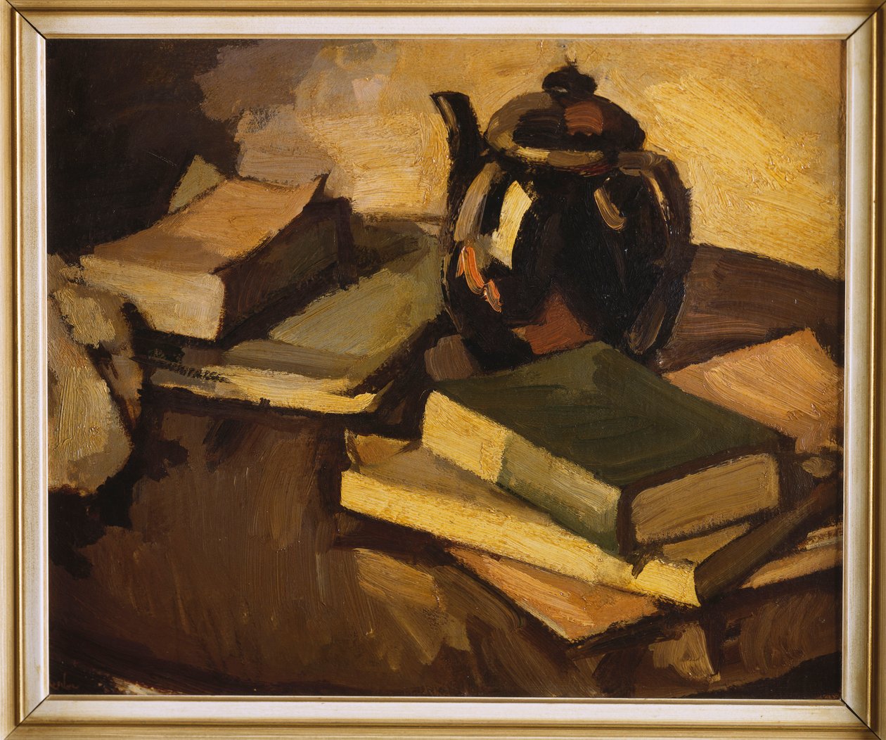 Martwa natura z czajnikiem i książkami na stole, ok. 1926 autorstwa Samuel John Peploe