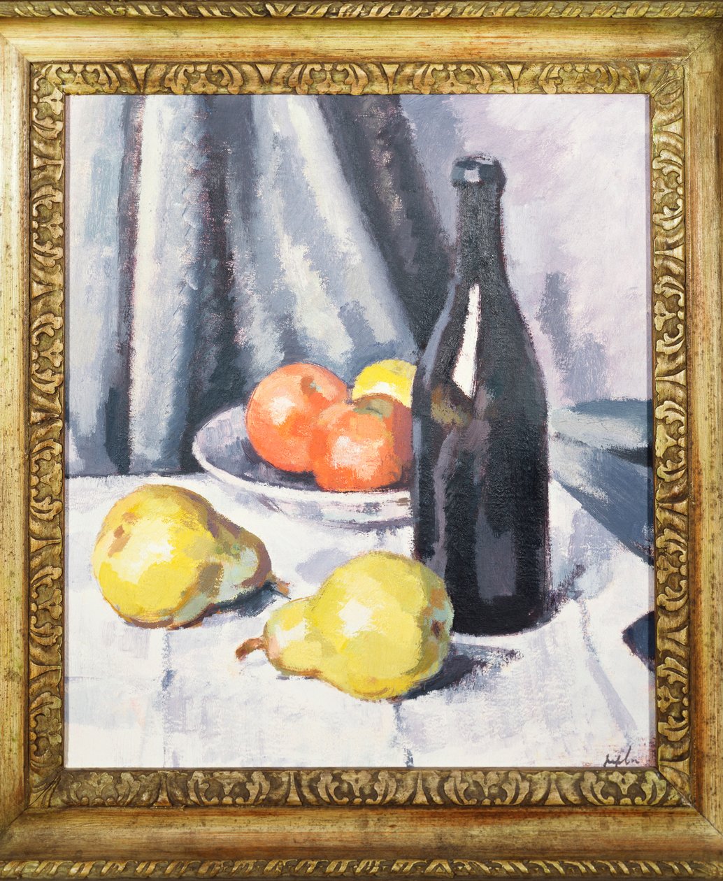 Jabłka, gruszki i czarna butelka na drapowanym stole, ok. 1928 autorstwa Samuel John Peploe