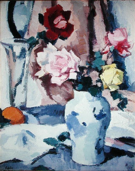Róże w niebiesko-białym wazonie (olej na płótnie) autorstwa Samuel John Peploe