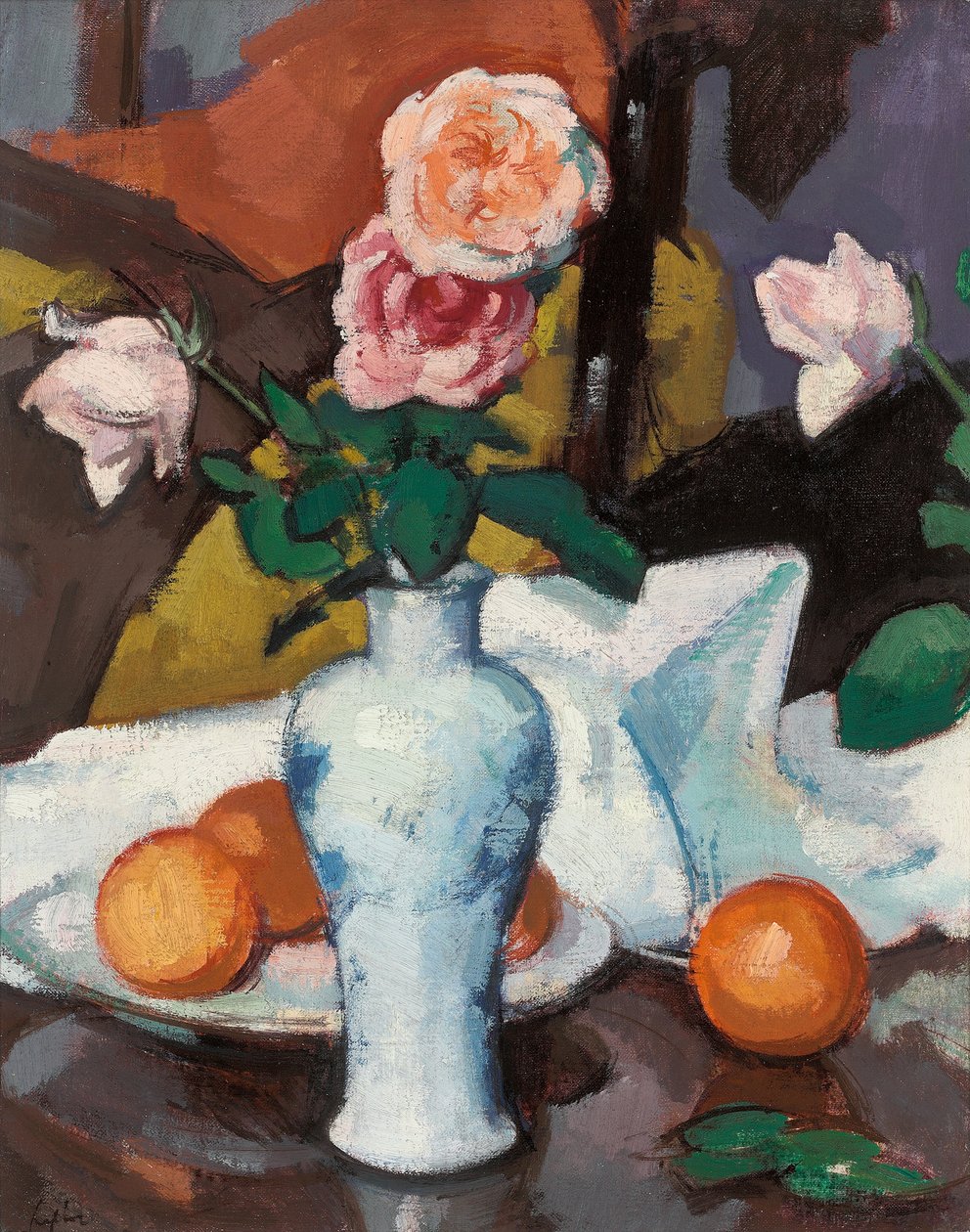 Róże w wazonie z pomarańczami i białym obrusem, autorstwa Samuel John Peploe