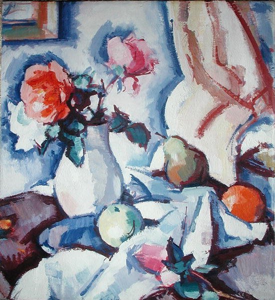 Róże w białym wazonie (olej na płótnie) autorstwa Samuel John Peploe
