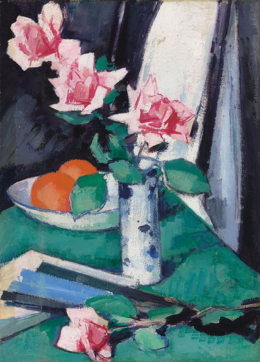 Martwa natura z różowymi różami i pomarańczami w niebiesko-białym wazonie, autorstwa Samuel John Peploe