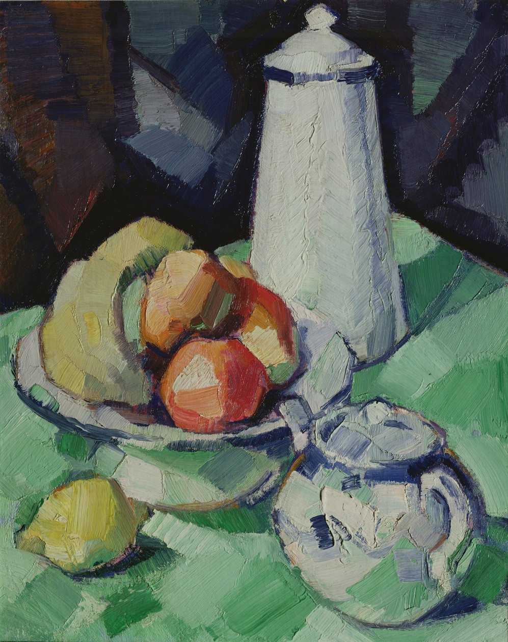 Martwa natura z czajnikiem i owocami na zielonym obrusie, ok. 1913 autorstwa Samuel John Peploe