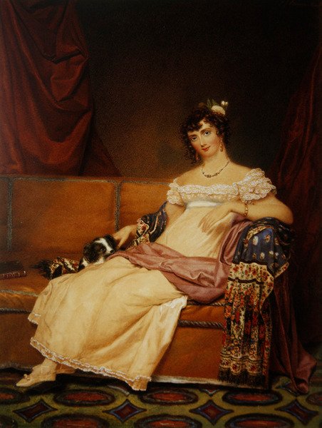 Lady Waterhouse siedząca na sofie ze swoim spanielem (akwarela na papierze) autorstwa Samuel John Stump